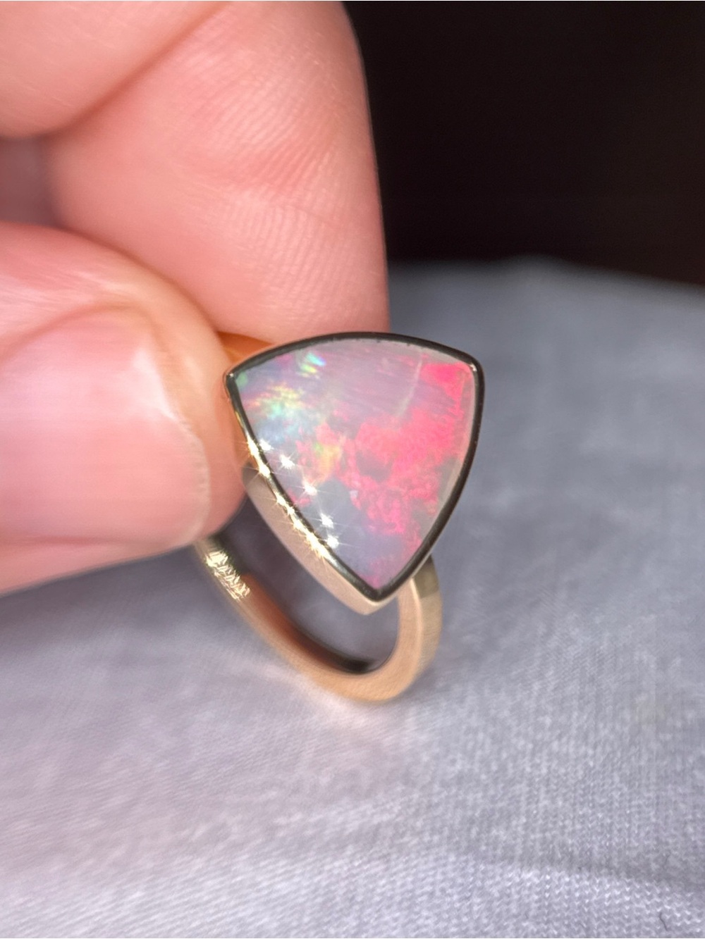 14k Gold Australian Opal Triangle Ring — Multi-Color Opal Accent - Picture 16 of 17